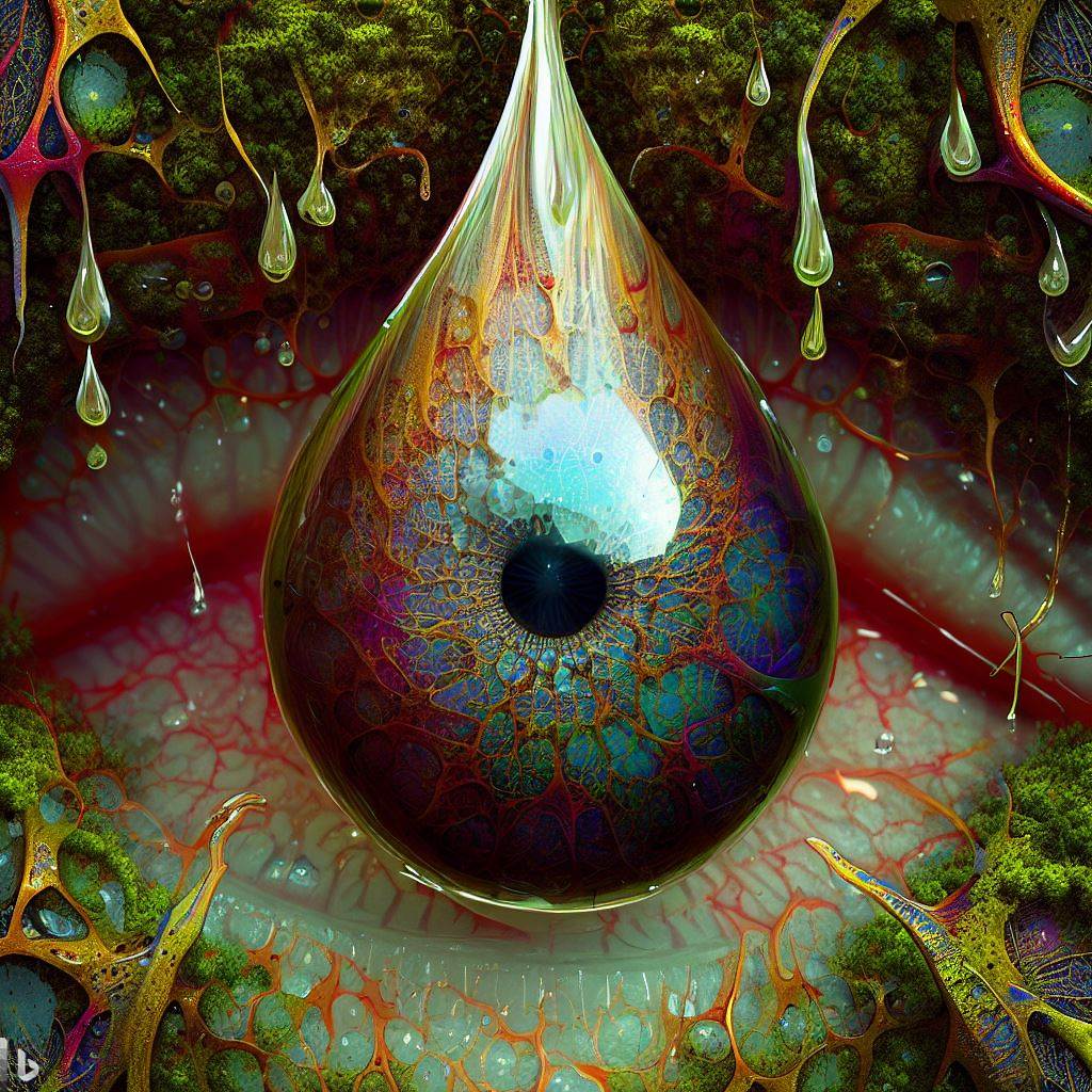 11- 3D hyper-detailed joyfully splattering bursting imploding raindrop with druid nano-wire root-circuitry iris-stroma and a joyous living breathing eyelid pupil at its core. Covered in mossy fractal rainforest synapses, mirroring recursion.jpg